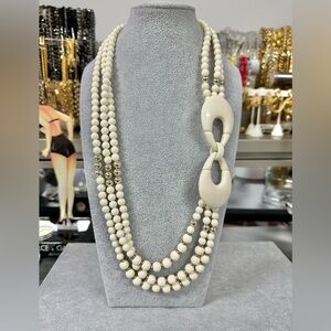 Vintage Ivory Acrylic Lucite Three Strand Long Statement Beaded Necklace